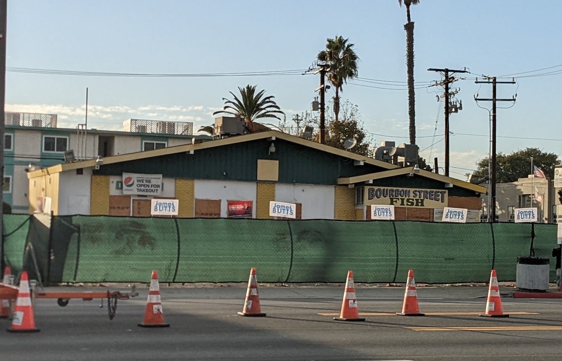 The Bourbon Street Fish building in October 2022. The building was demolished shortly after and the plot has been vacant since.