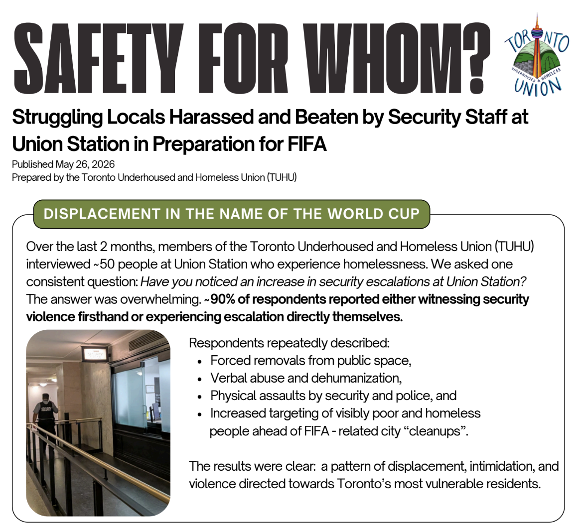 Toronto: ¿Seguridad para quién? Ciudadanos locales en dificultades acosados y golpeados por el personal de seguridad en Union Station en preparación para la FIFA
